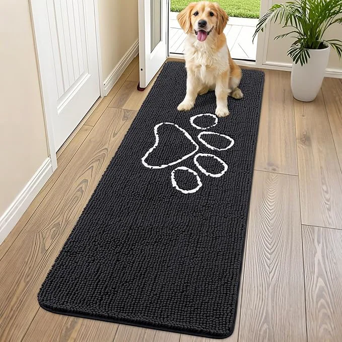 Refined Smiry Dog Door Mat for Muddy Paws Absorbent Dirt Trapper Non Slip Quick Dry Washable Chenille Mat for Mud Dogs Entry Rug for Indoor and Outdoor 70x24 Inches Black and White About ThisOverview Official