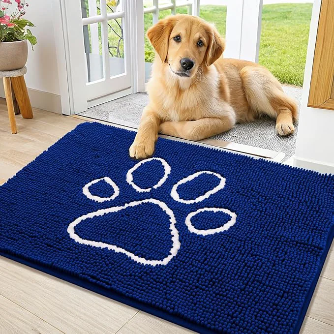Unique Smiry Dog Door Mat for Muddy Paws Absorbent Dirt Trapper Non Slip Quick Dry Washable Chenille Mat for Mud Dogs Entry Rug for Indoor and Outdoor 36x24 Inches Royal Blue and White About ThisOverview Verified