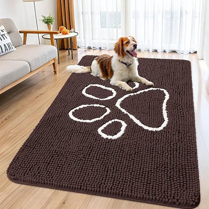 Excellent Smiry Dog Door Mat for Muddy Paws Absorbent Dirt Trapper Non Slip Quick Dry Washable Chenille Mat for Mud Dogs Entry Rug for Indoor and Outdoor 59x35 Inches Brown and White About ThisOverview Convenient