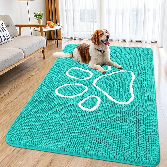 Versatile Smiry Dog Door Mat for Muddy Paws Absorbent Dirt Trapper Non Slip Quick Dry Washable Chenille Mat for Mud Dogs Entry Rug for Indoor and Outdoor 59x35 Inches Turquoise and White About ThisOverview Smooth