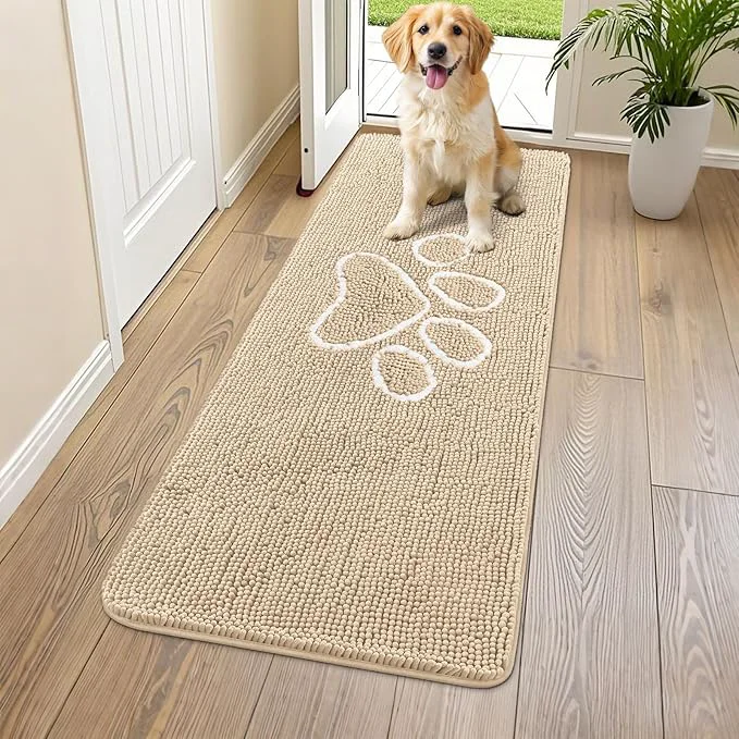 Artisan Smiry Dog Door Mat for Muddy Paws Absorbent Dirt Trapper Non Slip Quick Dry Washable Chenille Mat for Mud Dogs Entry Rug for Indoor and Outdoor 59x20 Inches Beige and White About ThisOverview Consistent