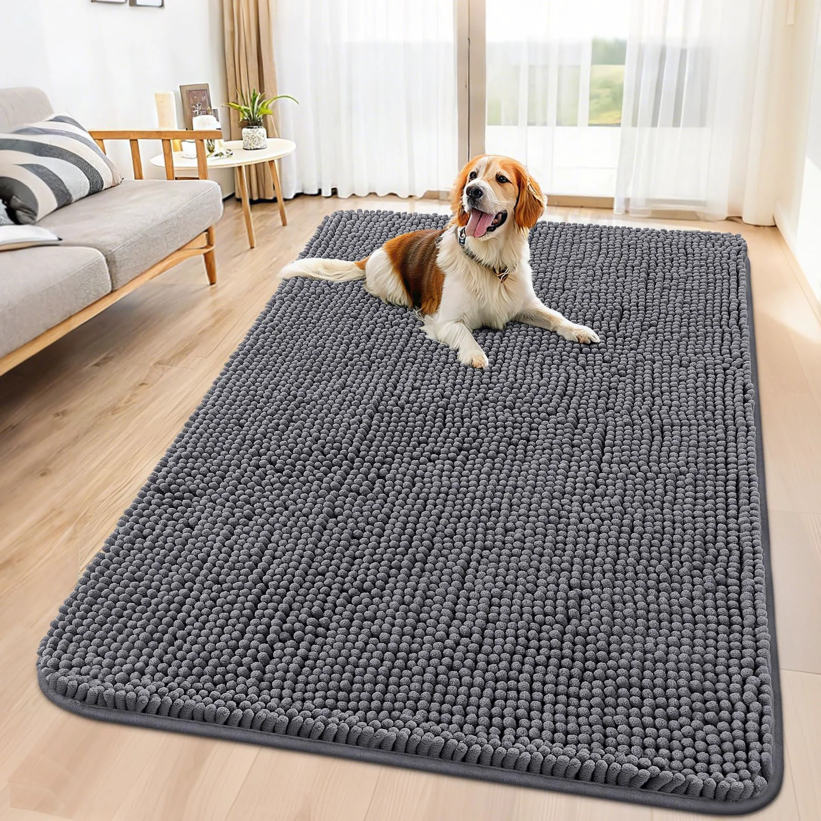 Specialty Smiry Dog Door Mat 59x35 — Absorbent Dirt-Trapping Non-Slip Chenille Dark Grey Easy-to-Use