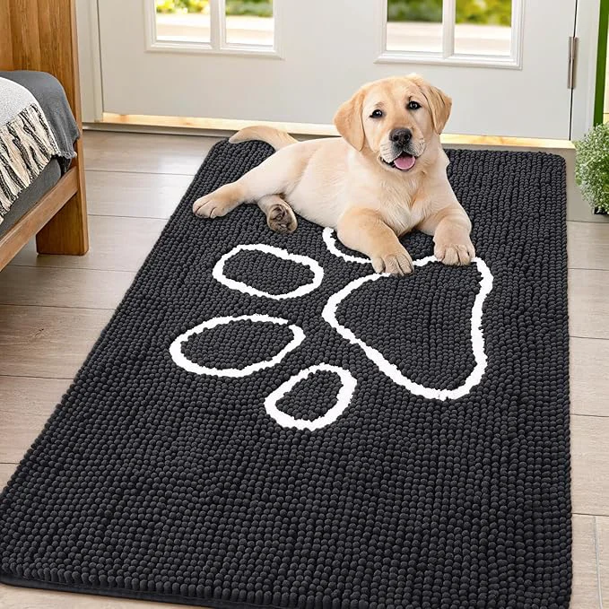 Reusable Smiry Dog Door Mat for Muddy Paws Absorbent Dirt Trapper Non Slip Quick Dry Washable Chenille Mat for Mud Dogs Entry Rug for Indoor and Outdoor 47x32 Inches Black and White About ThisOverview Pure