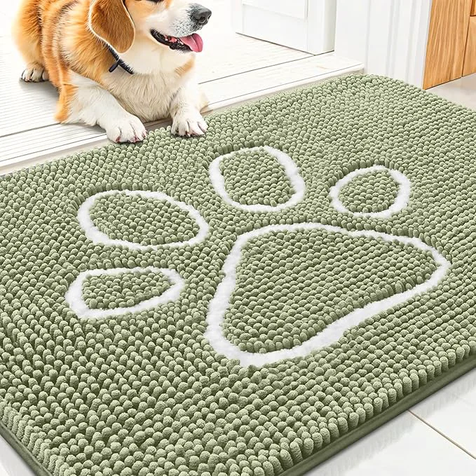 Reusable Smiry Dog Door Mat for Muddy Paws Absorbent Dirt Trapper Non Slip Quick Dry Washable Chenille Mat for Mud Dogs Entry Rug for Indoor and Outdoor 30x20 Inches Sage Green and White About ThisOverview Relaxed