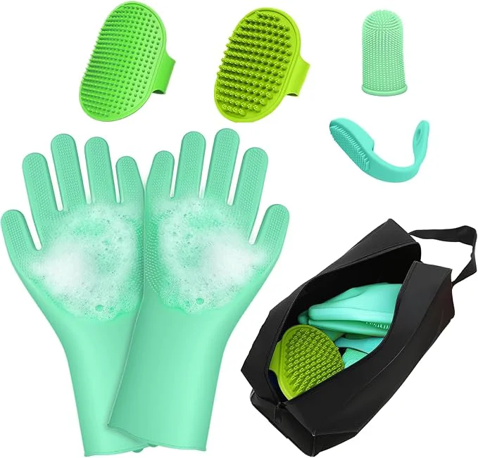 Refined 7PCS Dog Washing Gloves Dog Bath Brush Storage Bag Dog Finger Toothbrush for Short Long Haired Dogs Cats Efficient Deshedding Bathing Massaging Suitable for Pets Sage Green About This Quality