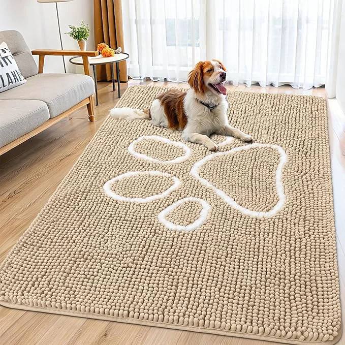 Superior Smiry Dog Door Mat for Muddy Paws Absorbent Dirt Trapper Non Slip Quick Dry Washable Chenille Mat for Mud Dogs Entry Rug for Indoor and Outdoor 70x35 Inches Beige and White About ThisOverview Verified