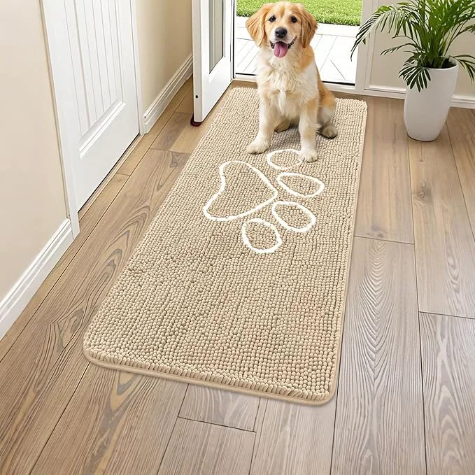Fast Smiry Dog Door Mat for Muddy Paws Absorbent Dirt Trapper Non Slip Quick Dry Washable Chenille Mat for Mud Dogs Entry Rug for Indoor and Outdoor 47x20 Inches Beige and White About ThisOverview High-Grade