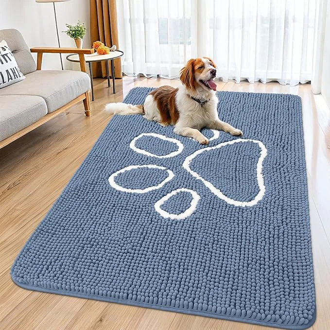 Efficient Smiry Dog Door Mat for Muddy Paws Absorbent Dirt Trapper Non Slip Quick Dry Washable Chenille Mat for Mud Dogs Entry Rug for Indoor and Outdoor 59x35 Inches Airy Blue and White About ThisOverview Practical