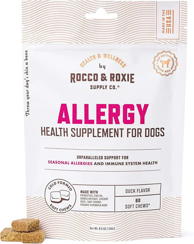 Exclusive Rocco Roxie Dog Allergy Relief Chews with Omega 3 for Dogs Probiotics for Itching Skin Stop Paw Licking Fish Oil Skin and Coat Supplement Anti-Itch Pet Itchy Allergies and Immune Support 60ctAbout ThisOverview Next-Generation