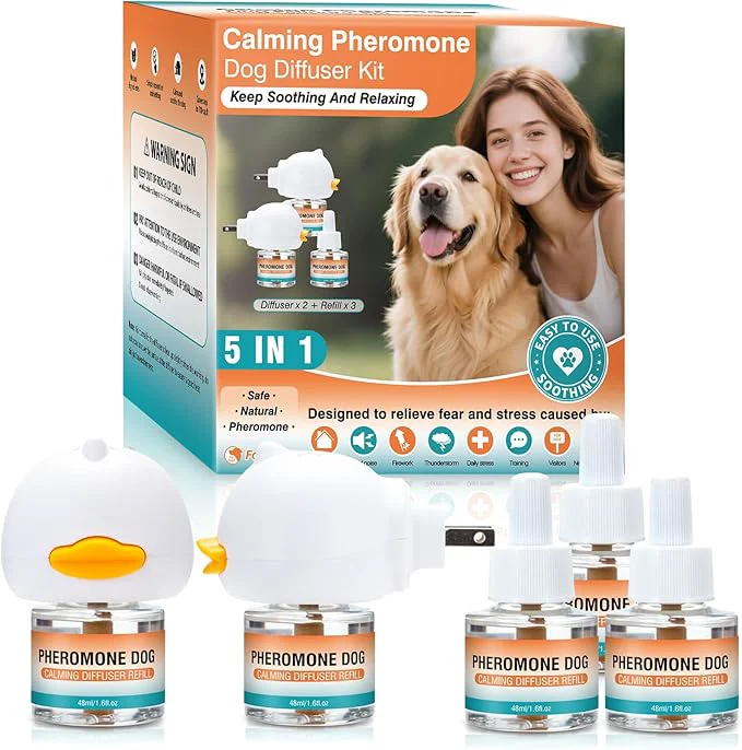 Enhanced Dog Calming Pheromones Diffuser to Calm Pet 5 In 1 Advanced Kit Appeasing Pheromone Diffuser for Anxiety Relief 2 Plug in 3 Pack 48ml Refill Reduce Aggression Fighting Barking Stress Tasteless About This Carefully Designed