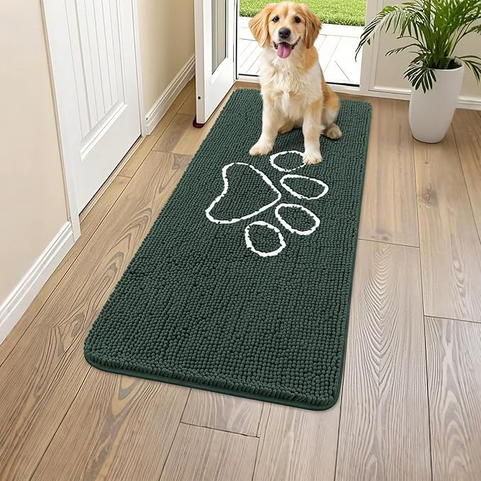 Comfortable Smiry Dog Door Mat for Muddy Paws Absorbent Dirt Trapper Non Slip Quick Dry Washable Chenille Mat for Mud Dogs Entry Rug for Indoor and Outdoor 47x24 Inches Green and White About ThisOverview Relaxed