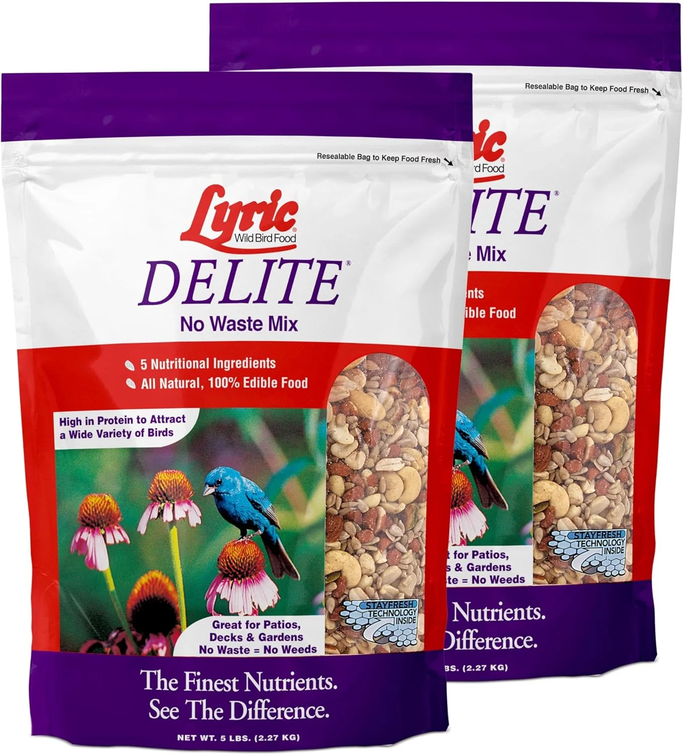 Clean Lyric Delite Wild Bird Seed for Outside Feeders - No Waste Bird Food Nuts Seeds Mix Attracts Buntings Chickadees Finches 10 lb Pack of 2-5 lb Bags High-Grade