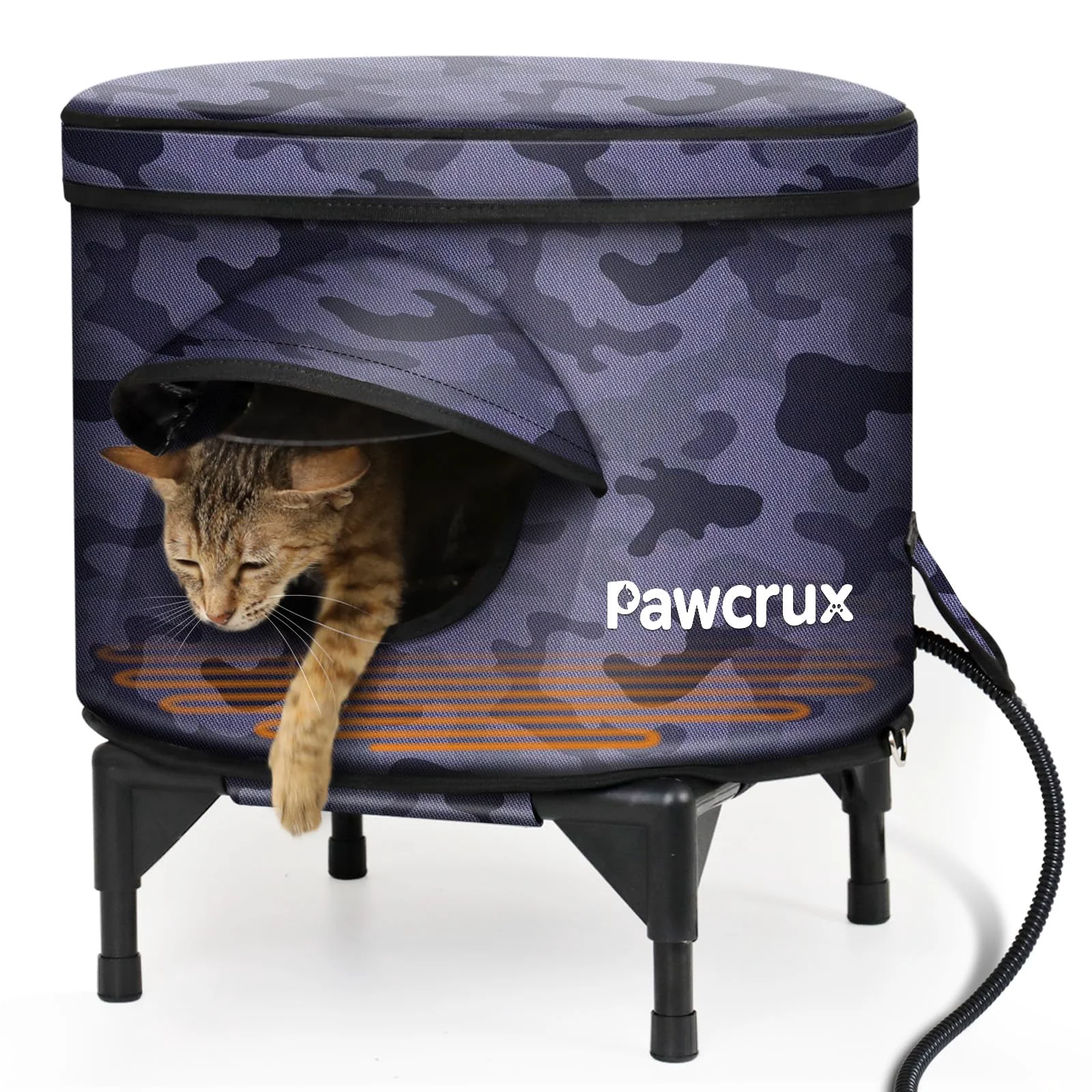 Natural Pawcrux Heated Outdoor Cat House with Heating Pad — Weatherproof Winter Shelter Black Camouflage 16.9x16.9 Recyclable