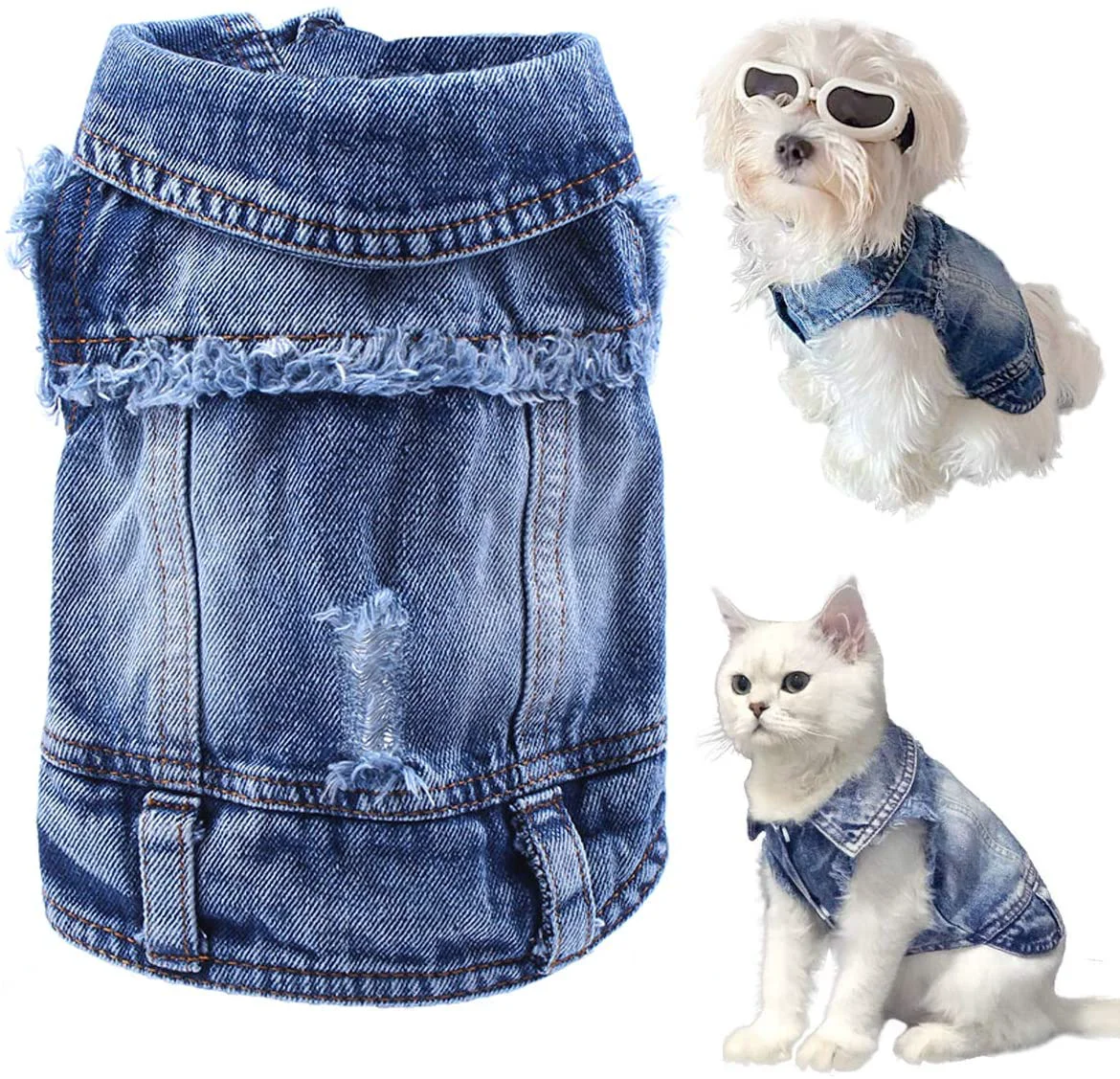 Classic Pet Dog Cat Blue Denim Jeans Jacket Coat Vest Solid