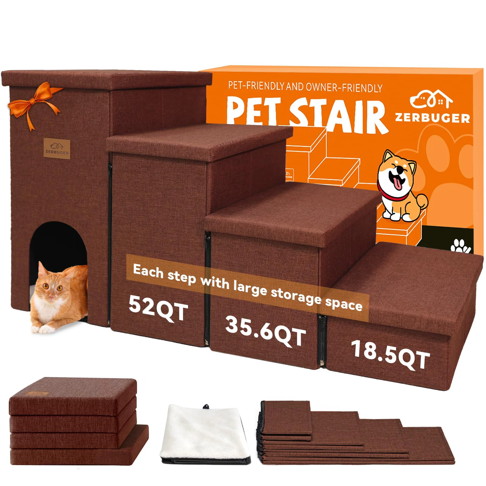 Easy-to-Use Zerbuger 23-Inch 4-Step Dog Stairs with Condo - 200 lb Capacity Brown Artisan