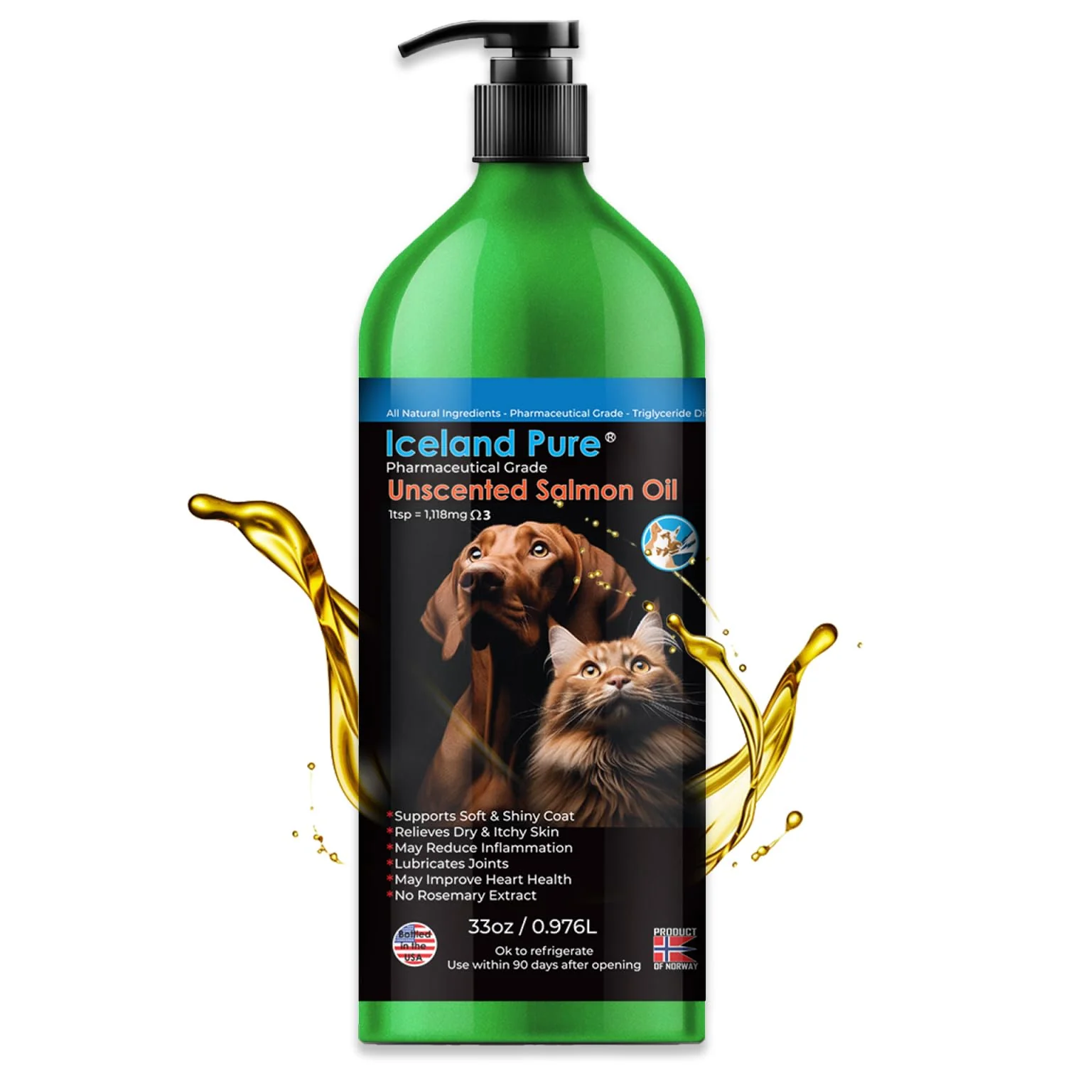 Contemporary Iceland Pure Salmon Oil Unscented Pharmaceutical Grade 1118mg Omega-3 per Teaspoon Liquid Supplement for Dogs Cats 33oz BPA- Pump Bottle Durable