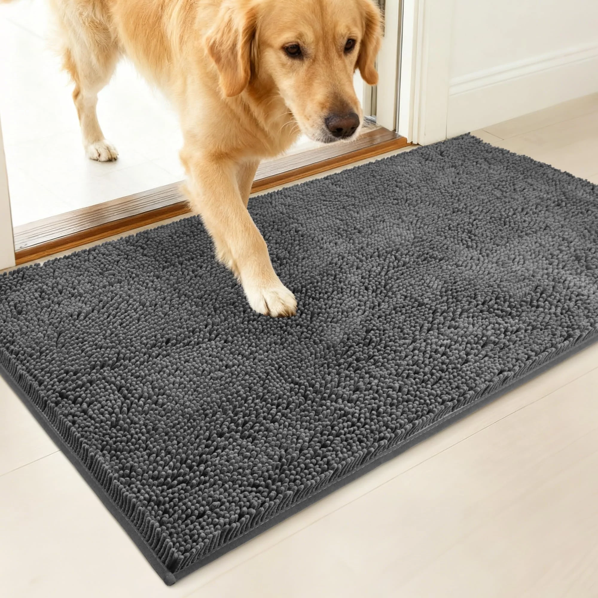 Traditional 100pointONE Dog Door Mat 72x48 — Absorbent Chenille Non-Slip Entryway Rug Pure
