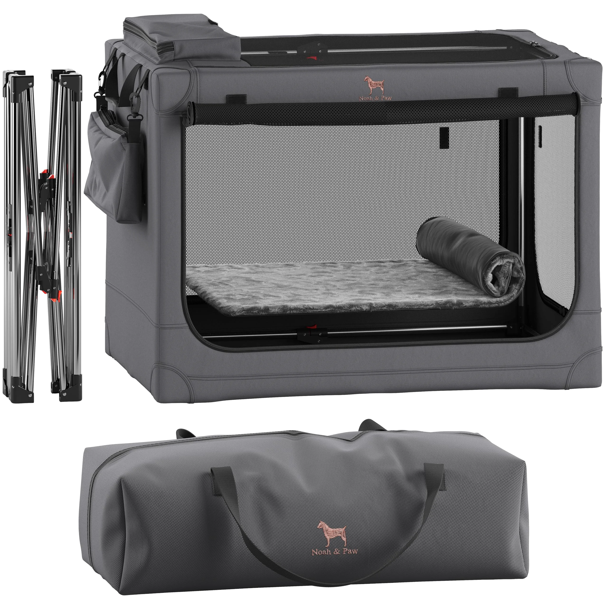 World-Class NOAH PAW Collapsible Dog Crate 30in – Large Travel Kennel with Bed Pockets 10mm Zippers Organic