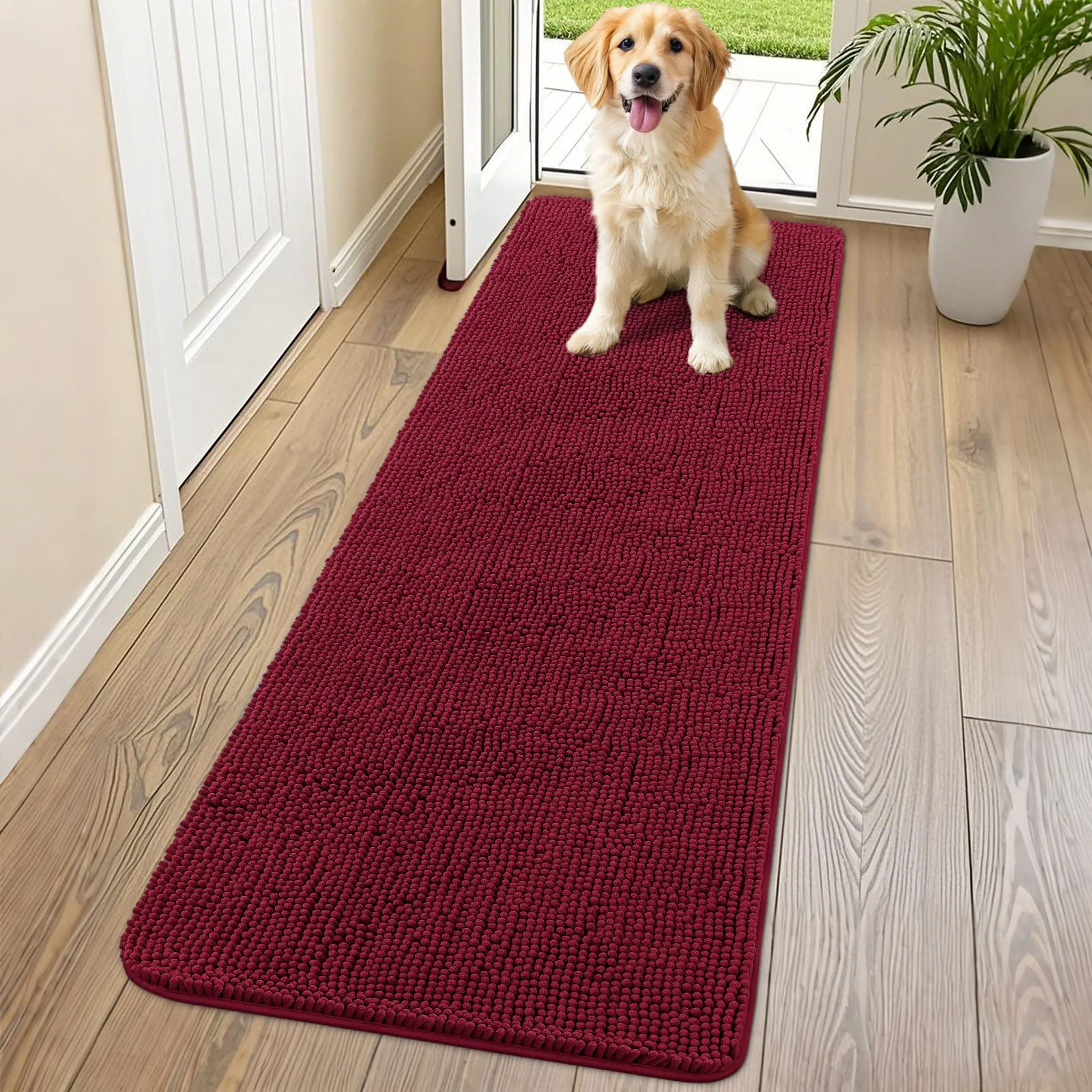 World-Class Smiry Dog Door Mat 70x24 Burgundy Absorbent Chenille Entry Mat for Muddy Paws Exclusive