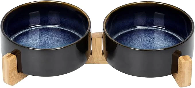 Exclusive SPUNKYJUNKY Ceramic Dog and Cat Bowl Set with Wooden Stand Modern Cut Organic