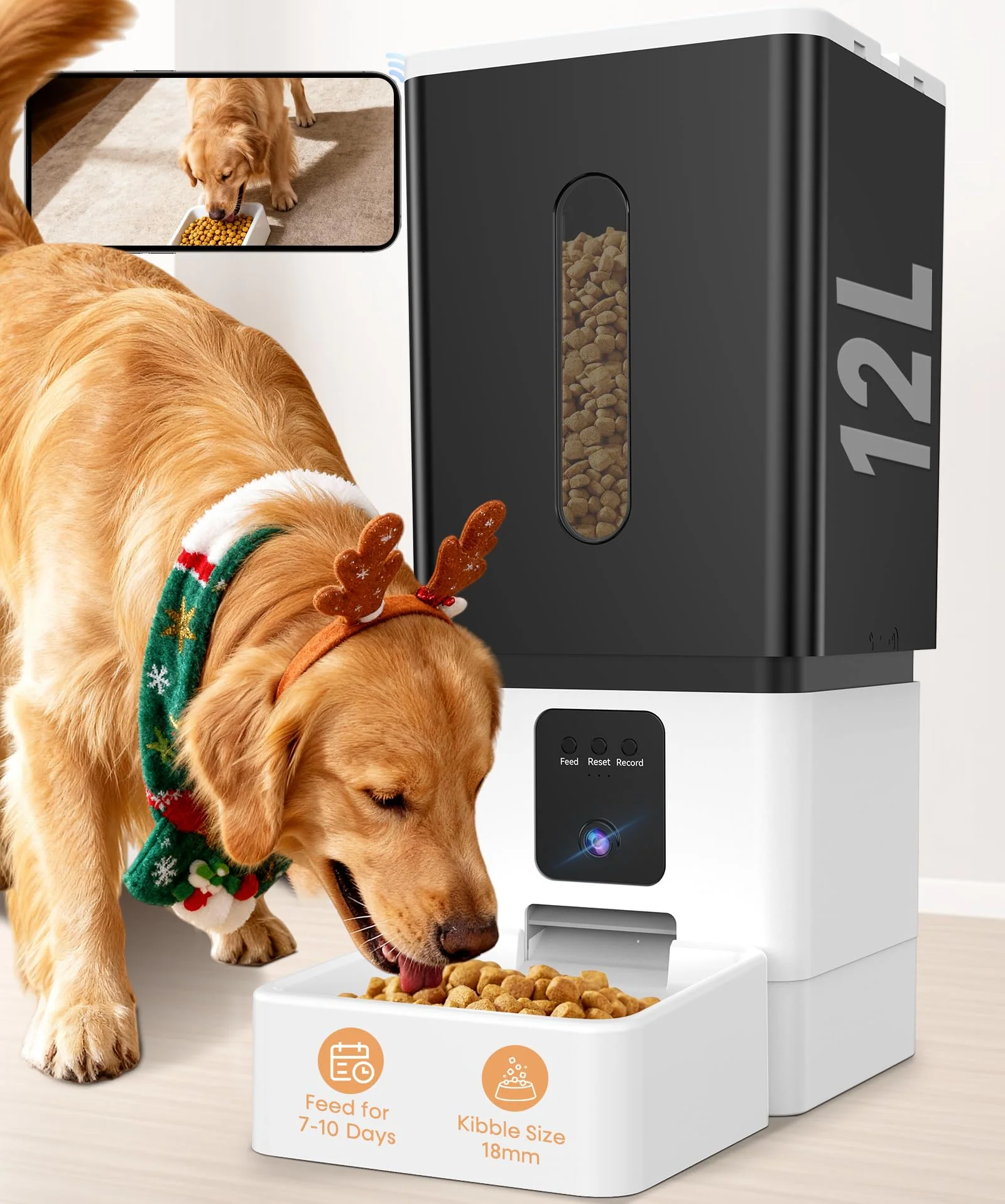 Carefully Designed UTCG Automatic Dog Feeder Large Breed – 12L 50 Cups 1080P Camera 5G WiFi Anti-Clog Dispenser Traditional