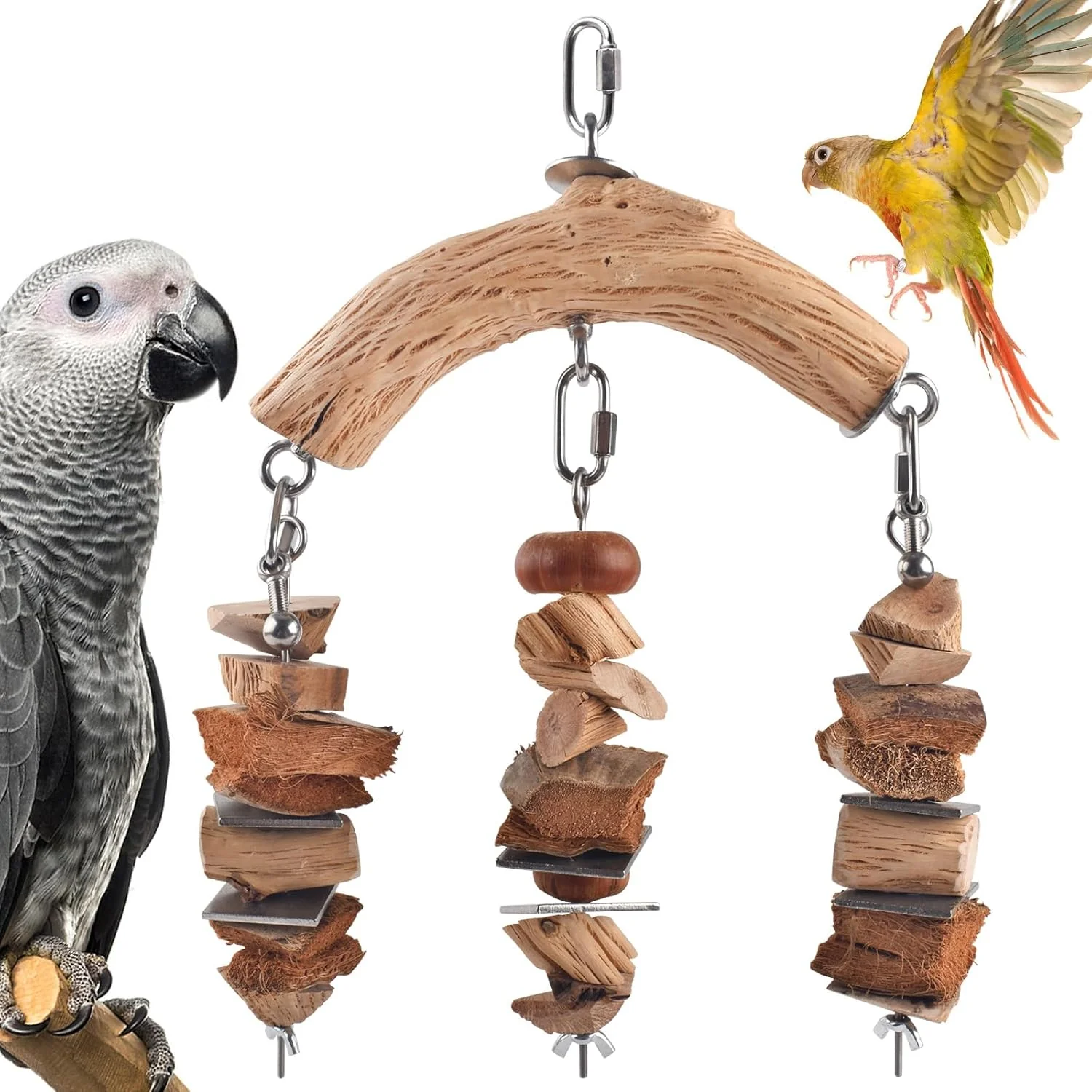 Carefully Designed Bird Parrot Toys Large Birds Wooden Chew Blocks with Stainless Steel Cage Hanging Bite Toy for Macaws African Greys Cokatoos Amazon Parrots and Small Medium Parakeets Trendy
