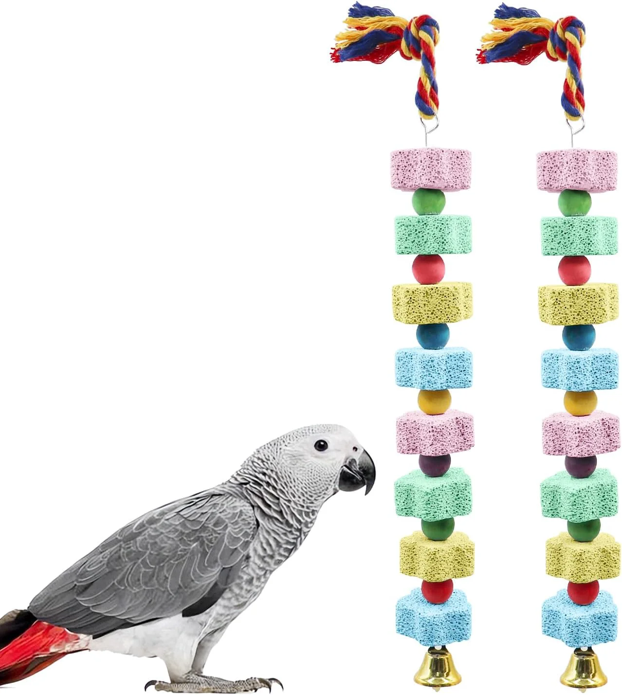 Crafted 2 Pack Bird Chewing Toy Colorful Parrot Beak Grinding Calcium Stone with Bells Cage Accessories for Cockatiels Parakeets Parrots Budgies Lovebirds Rat Hamster Chinchilla Rabbit Bunny African Grey First-Class