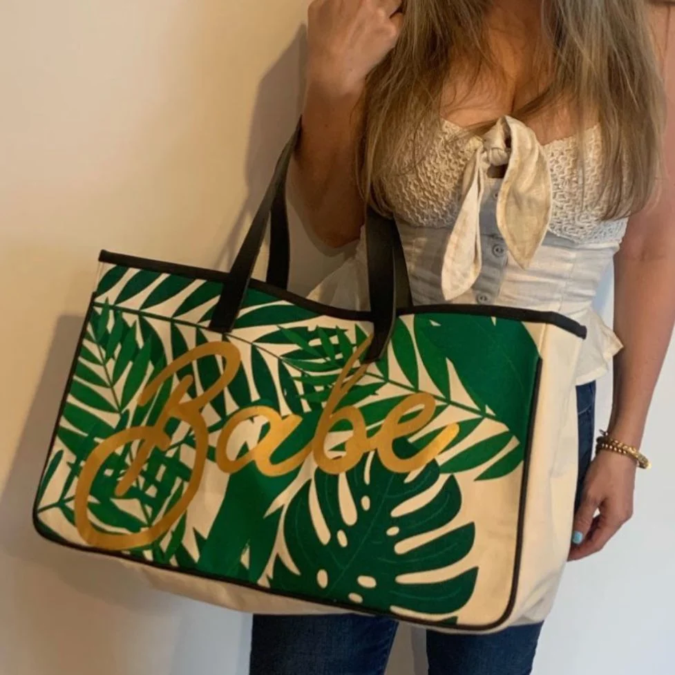Excellent Babe Palm Leaves Large Rectangular Tote Bag Leather Handles Carefully Designed