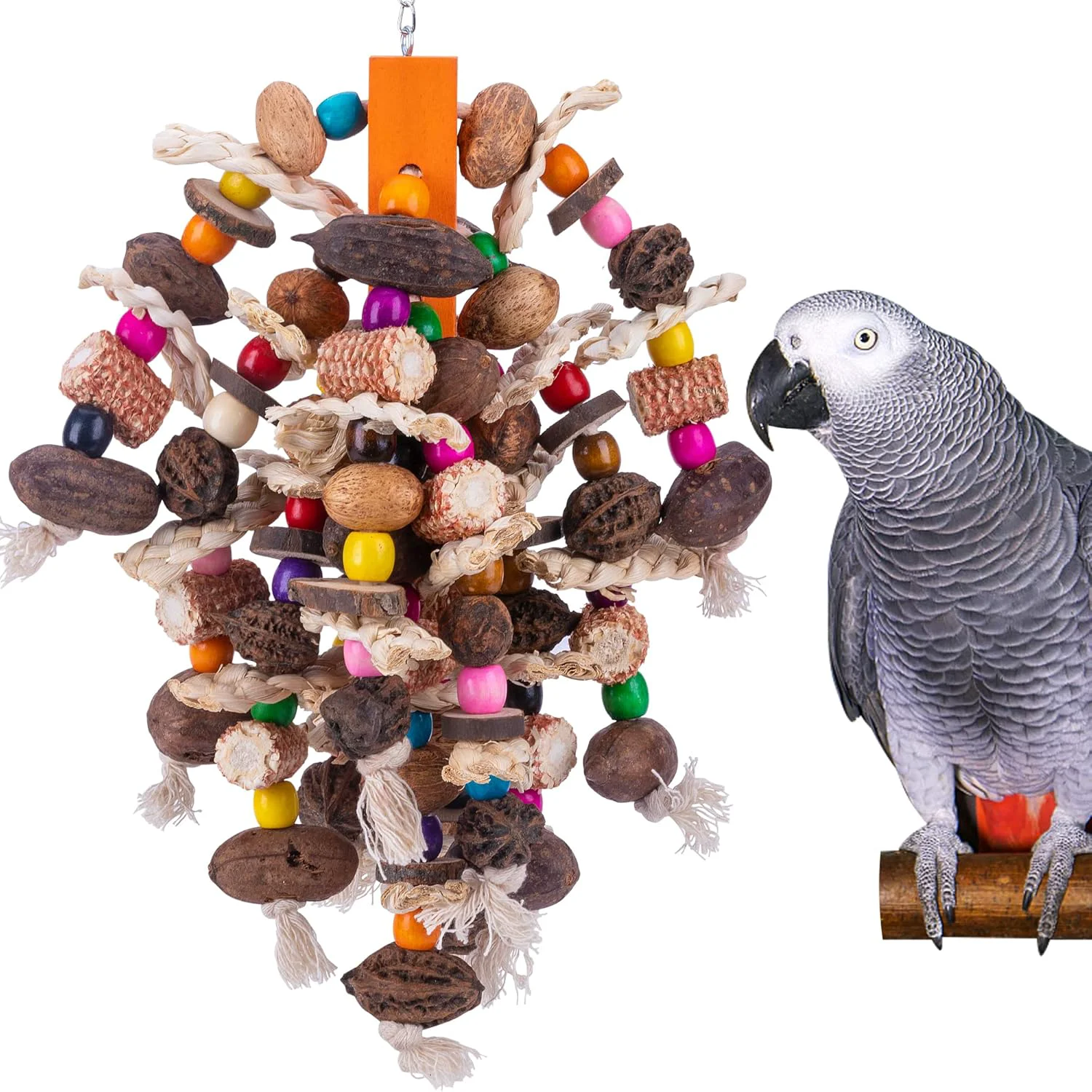 Classic Deloky Large Parrot Bird Chewing Toys Natural Nuts Corn Parrot Tearing Toy Wooden Bird Cage Toy for African Grey Macaws Cokatoos Amazon Parrots and Other Large Birds Flexible