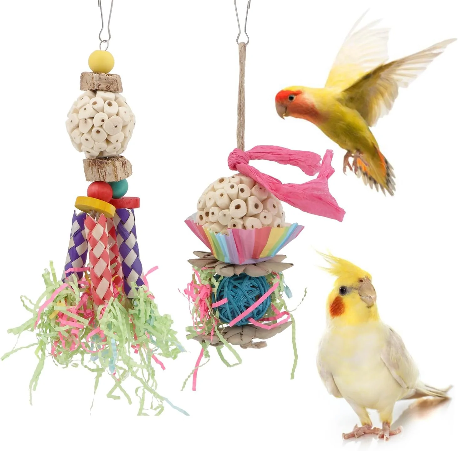World-Class Wontee Bird Toys Colorful Shredding Crinkles Foraging Toys Natural Sola Ball for Parrots Cockatiels Conures Parakeets Budgies Senegal Sola Ball 2 Pack Flexible