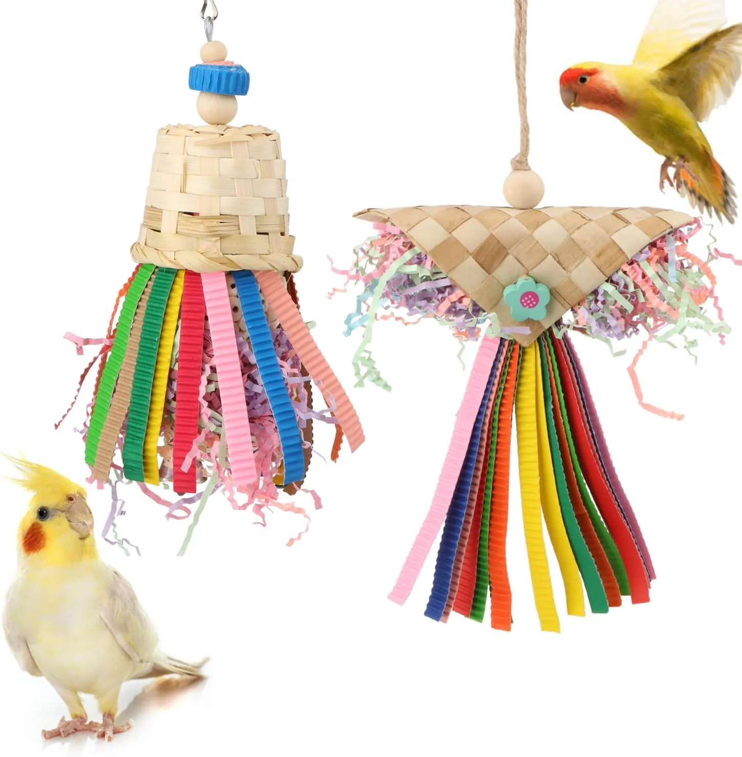 Classic Wontee Bird Colorful Shredding Crinkles Foraging Toys Natural Sola Ball for Parrots Cockatiels Conures Budgies Senegal Shredder Toys 2 Pack Prestigious