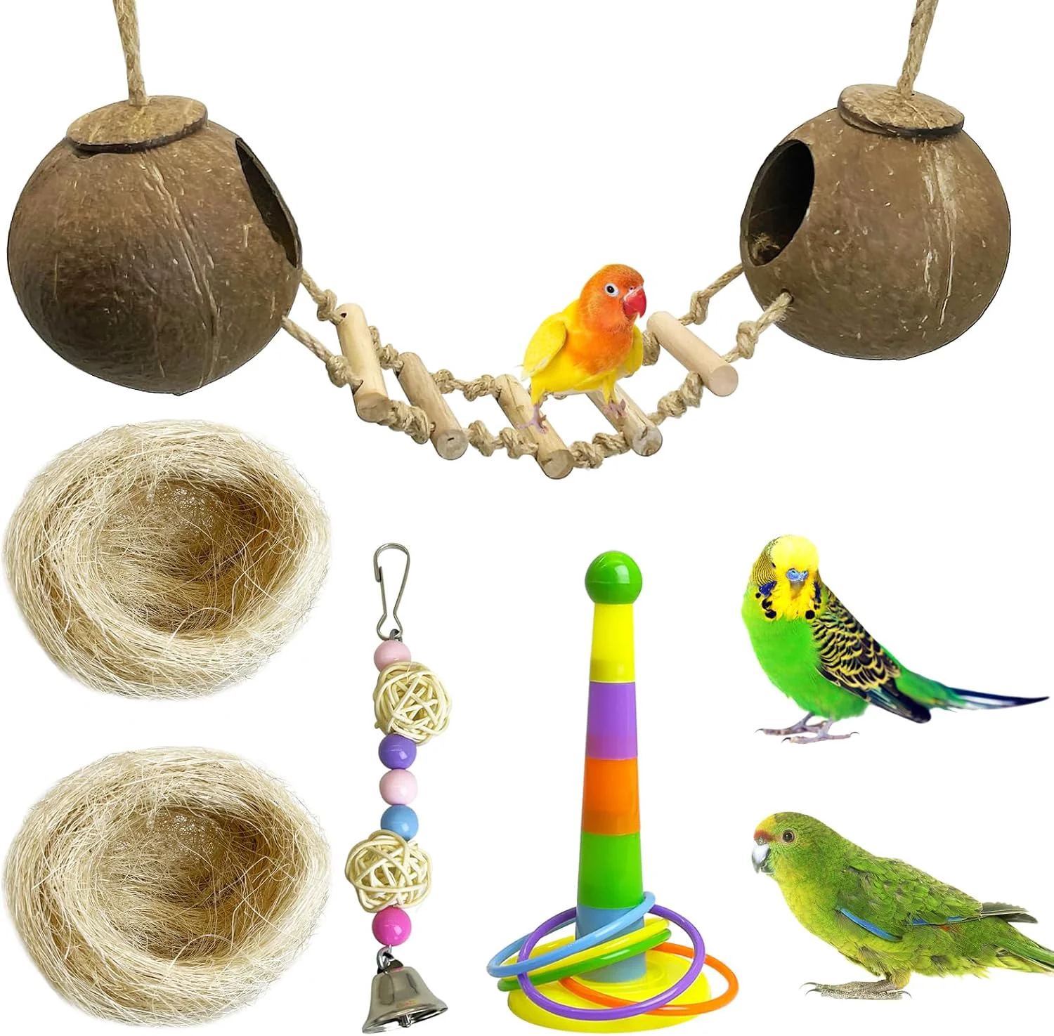 Elegant kathson 5Pcs Bird Coconut House with Ladder Parakeet Coconut Nest for Cages Parrot Hut Hanging Natural Coconut Fiber Conure Chewing Toys for Cockatiel Budgie Lovebird Cockatoos Elite