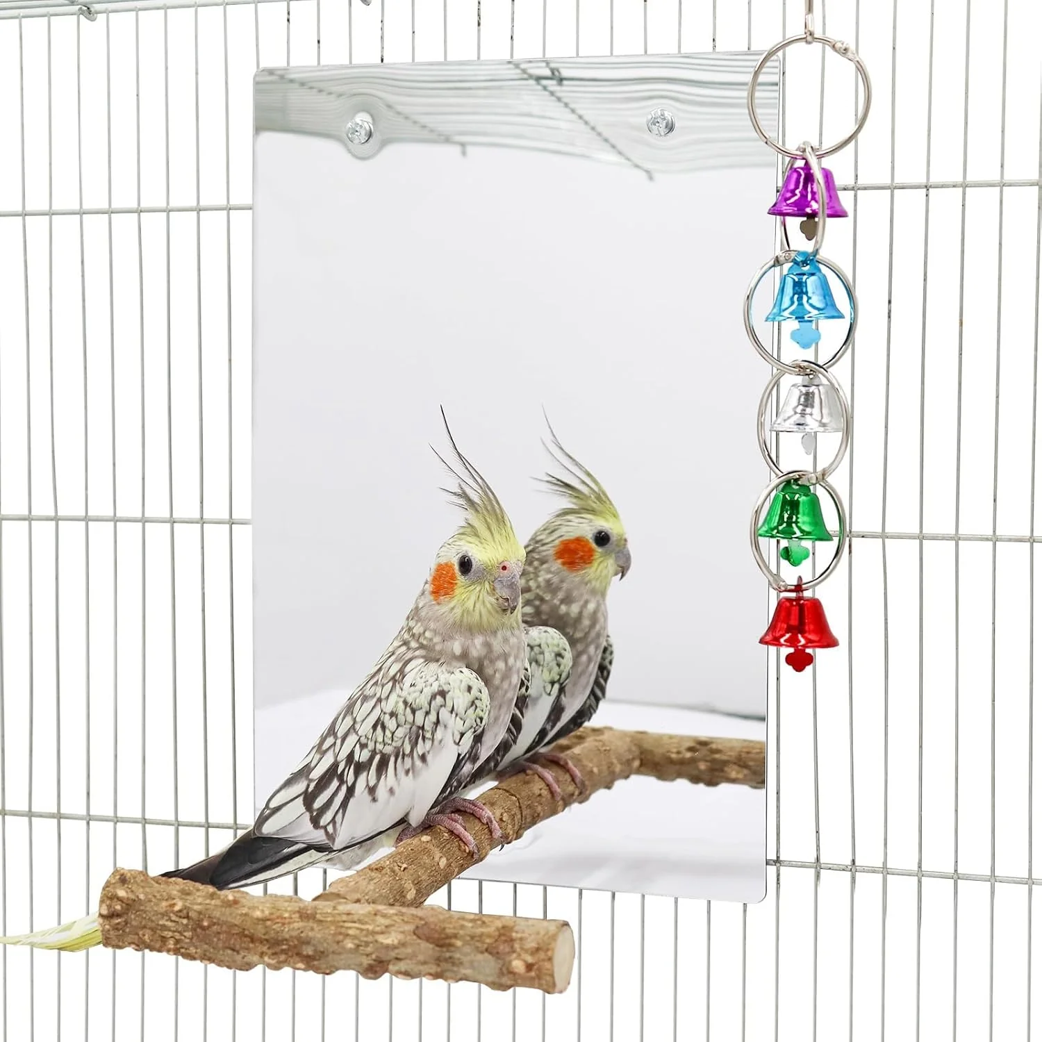Casual Bird Mirror Toy with Perch Stand Parrot Parakeet Mirror with Bird Swing Bell Toys Bird Cage Accessories Suitable for Parakeet Cockatiel Conure Lovebirds - 7.9 × 6.3 Inch Artisan