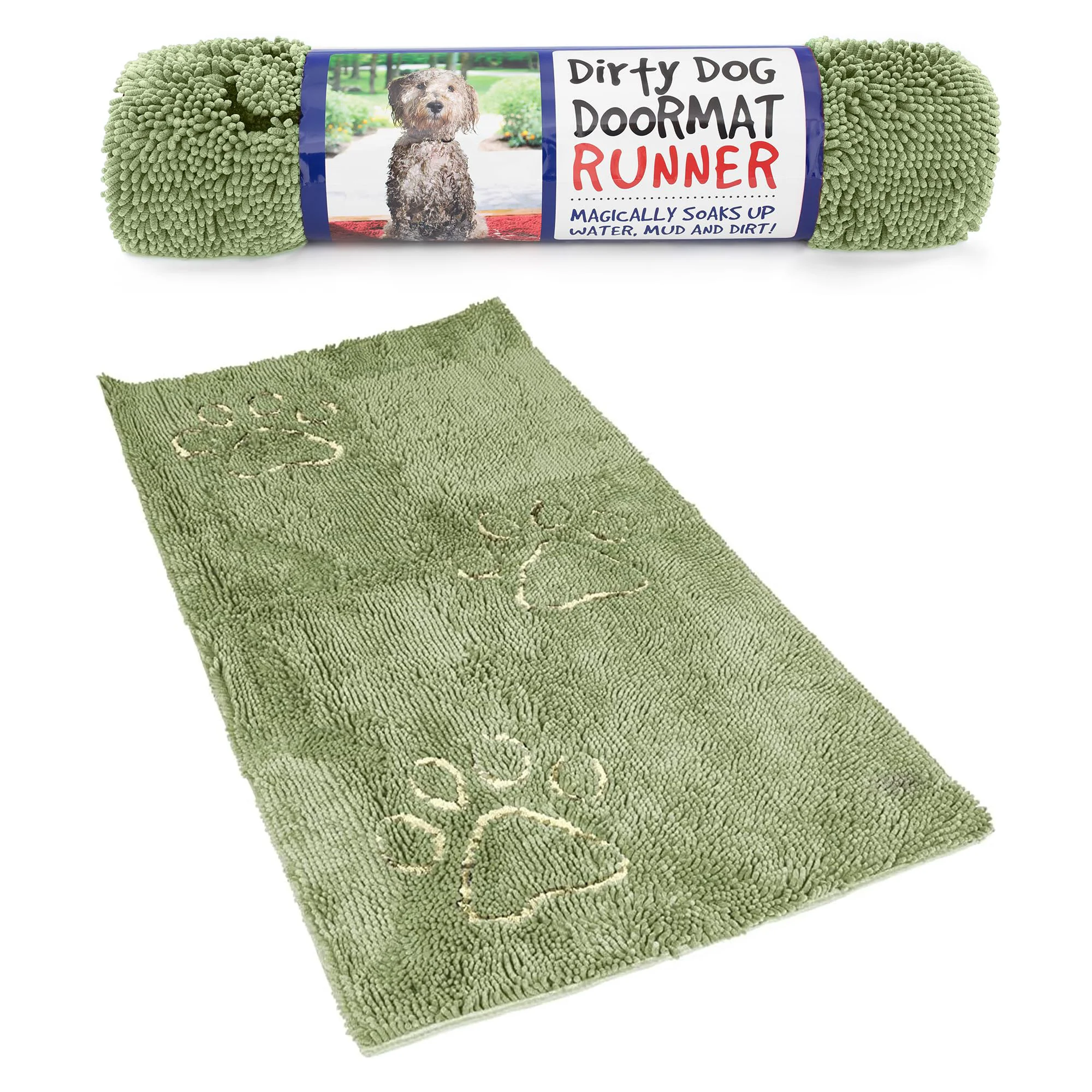 Easy-to-Use Dog Gone Smart Dirty Dog Doormat - Fast Drying Runner Rug with Gripper Backing Absorbent Machine Washable Mud Mat - Sage Green Natural