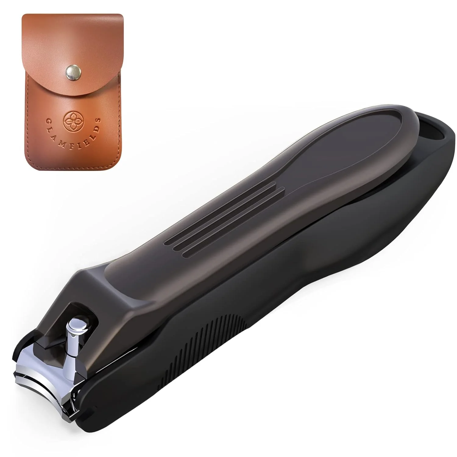 Powerful GLAMFIELDS Nail Clippers with No Splash Storage Box Large Fingernail Toenail Clipper Detachable Easy Clean Nail Cutter Trimmer with Nail Files for Men Women Leather Case Packed Black -1Pack Professional