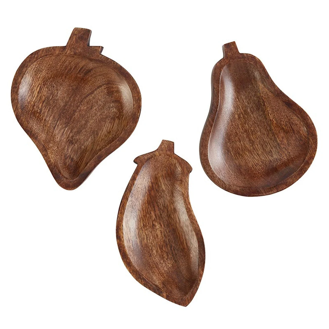 Fine Crafted Set of 3 Fruit Shaped Food Bowls Wooden Pear Strawberry and Eggplant Shaped Serving Dishes Versatile
