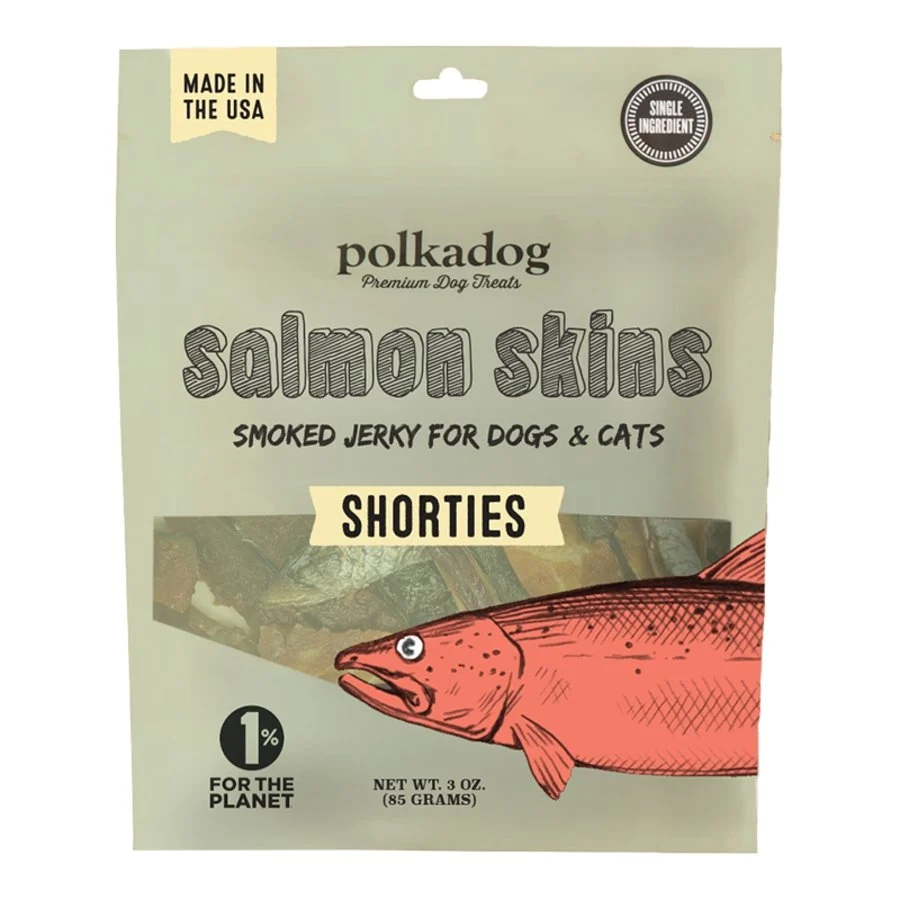 Selected Polkadog Salmon Skins Shorties Smoked Jerky Dog Cat Treats 3-oz Solid