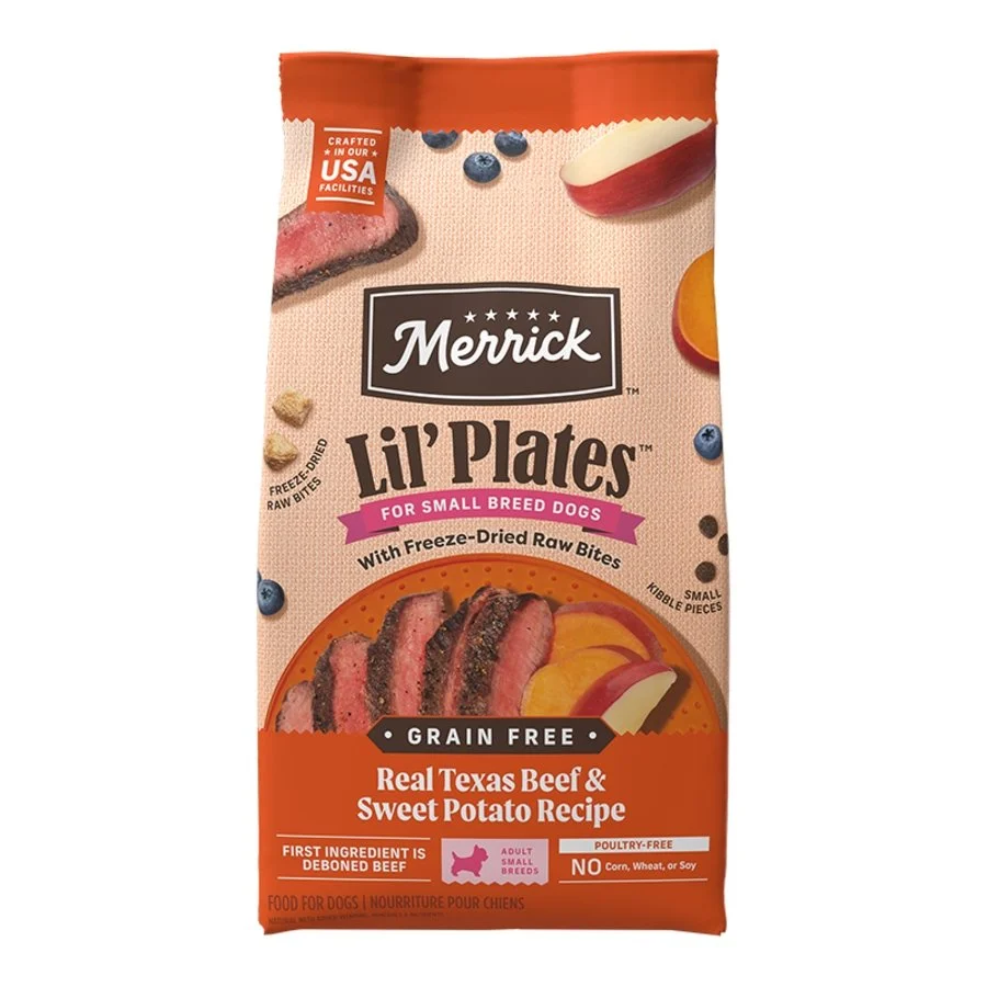 Verified Merrick Lil Plates Grain- ze-Dried Raw Small Breed Adult Dry Dog Food Texas Beef Sweet Potato Recipe 4-lb Fine