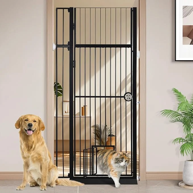 First-Class 71 Extra Tall Pet Gate with Cat Door No Drill Pressure Mounted Auto-Close Convenient