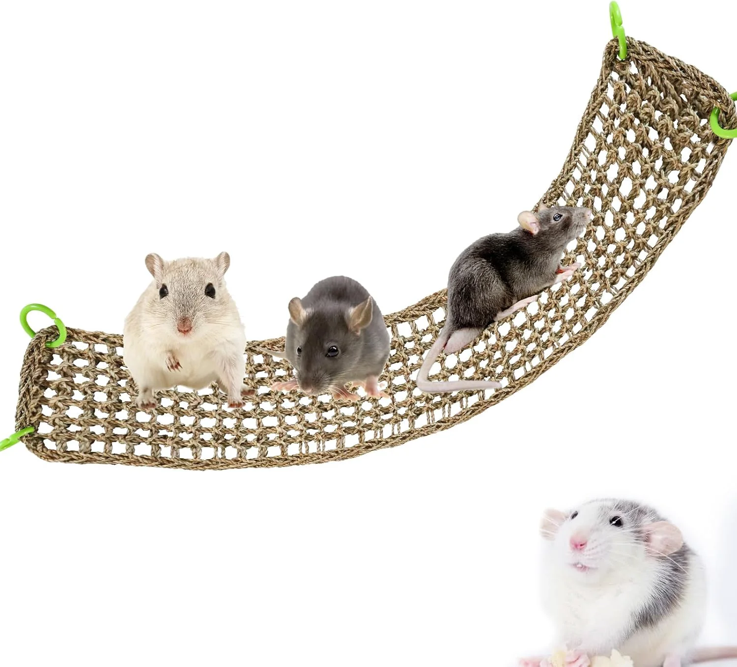 Rat Climbing Toys 39 x 7 inch Small Animals Seagrass Mat Toy Cat Climbing Toys Natural Seagrass Woven Net Hammock with Hooks Cage Accessories for Hamster Guinea Pig Parrot Parakeets Cockatiels Functional