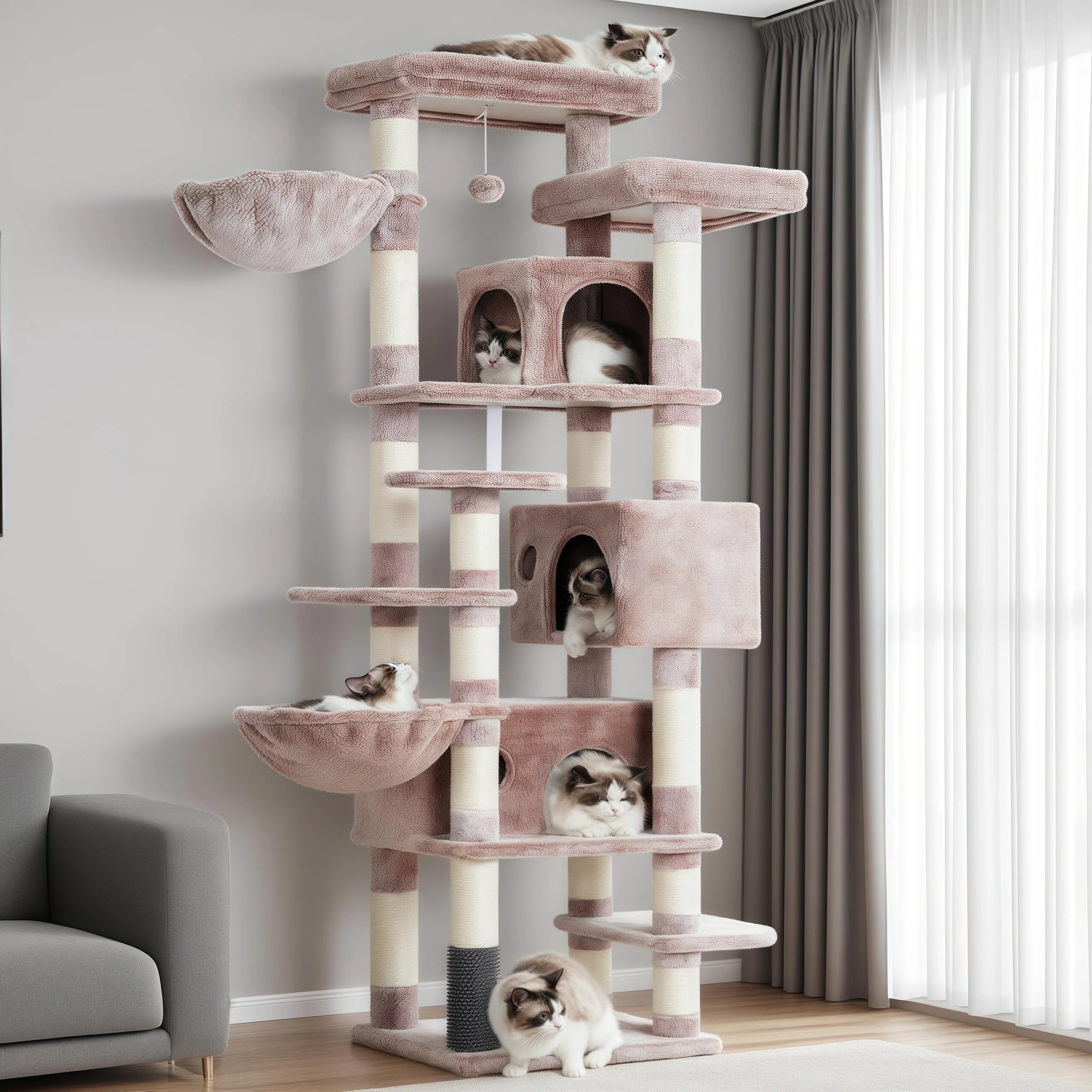 Versatile Hey-brother Cat Tree 74-Inch XL Multi-Level Cat Tower with 3 Condos 2 Top Decks Environmentally Friendly