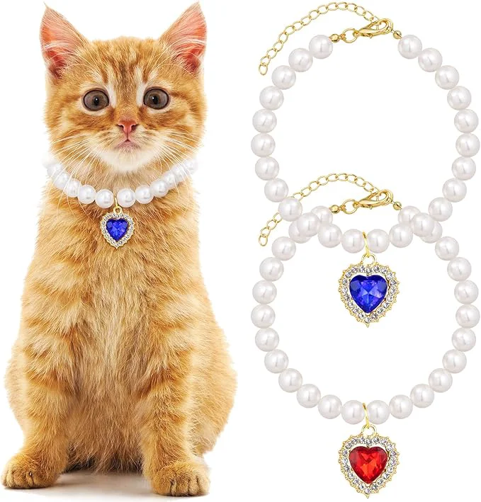 Breathable 2pcs Pearl Collar for Cat Puppy Small Cute Heart Shape Rhinestone Pet Necklace Classic