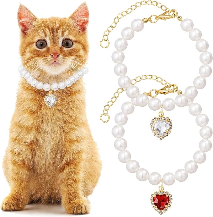 Elite 2pcs Cat Pearl Collar with Heart Pendant Cute Pearl Pet Necklace in Small Natural
