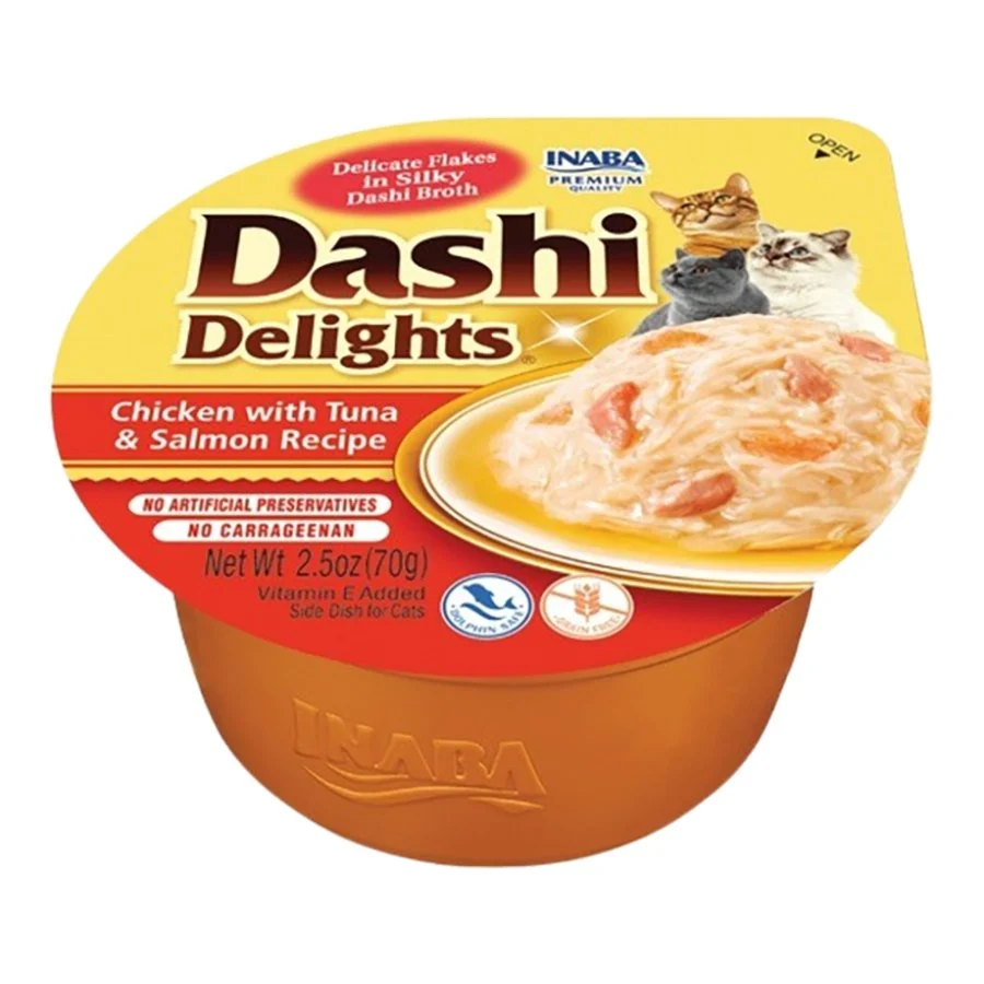 Premium Inaba Dashi Delights Lickable Cat Treats Chicken with Tuna Salmon Recipe 2.5-oz Cups 6 Count Comfortable