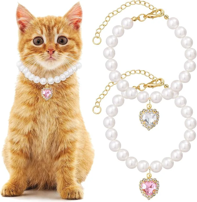 User-Friendly 2pcs Cat Dog Pearl Collar Small Heart Shape Rhinestone Pet Necklace Prestigious