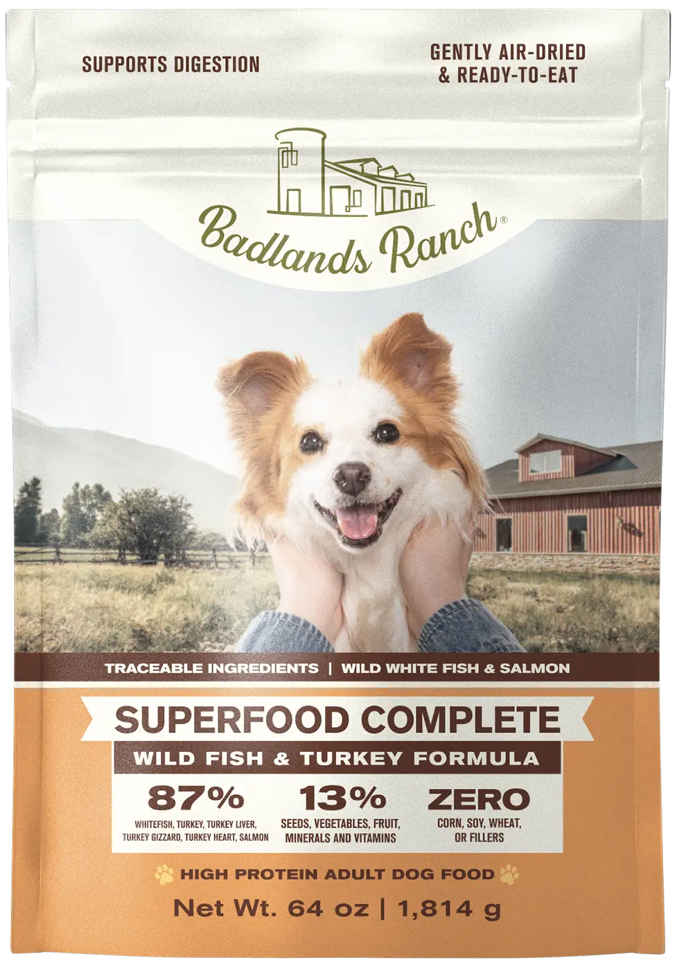 Reusable Badlands Ranch Superfood Complete Air-Dried Dog Food Wild Fish Turkey 64-oz Functional