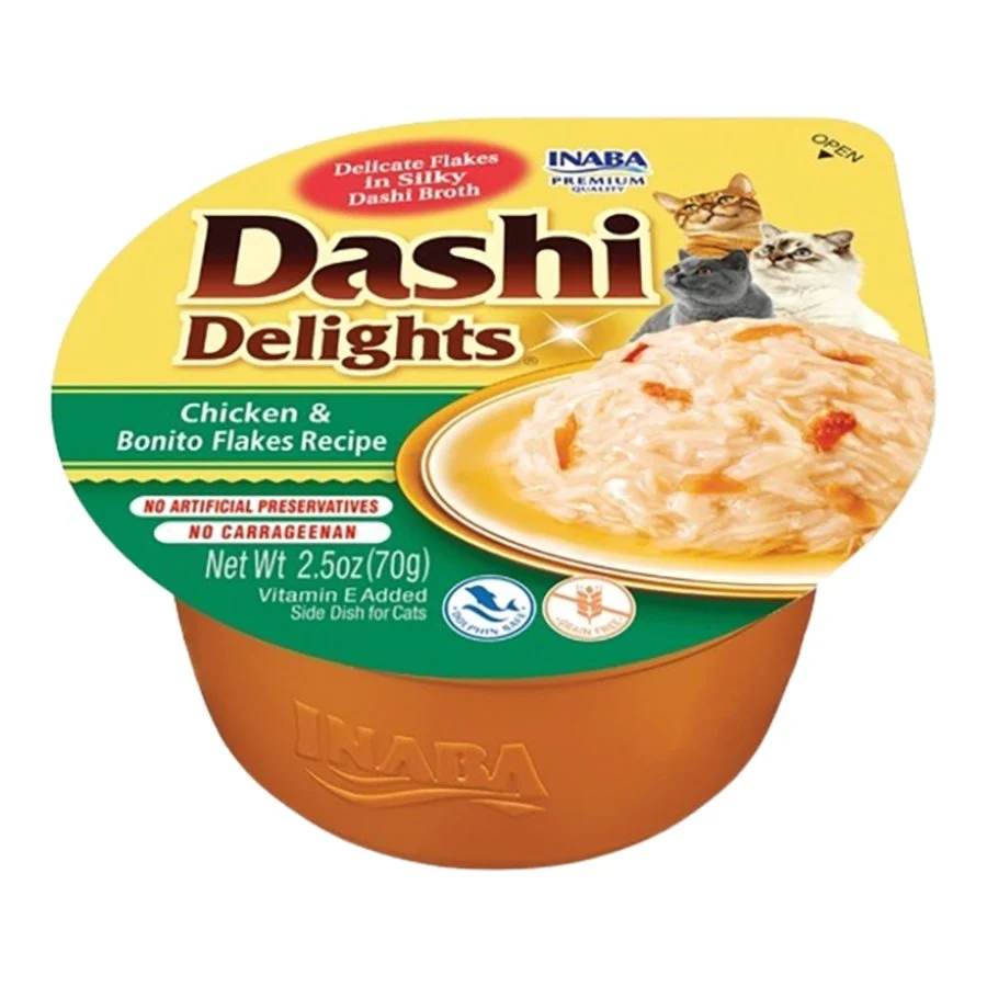 Eco-Friendly Inaba Dashi Delights Lickable Cat Treats Chicken Bonito Flake Recipe 2.5-oz Cups 6 Count Solid