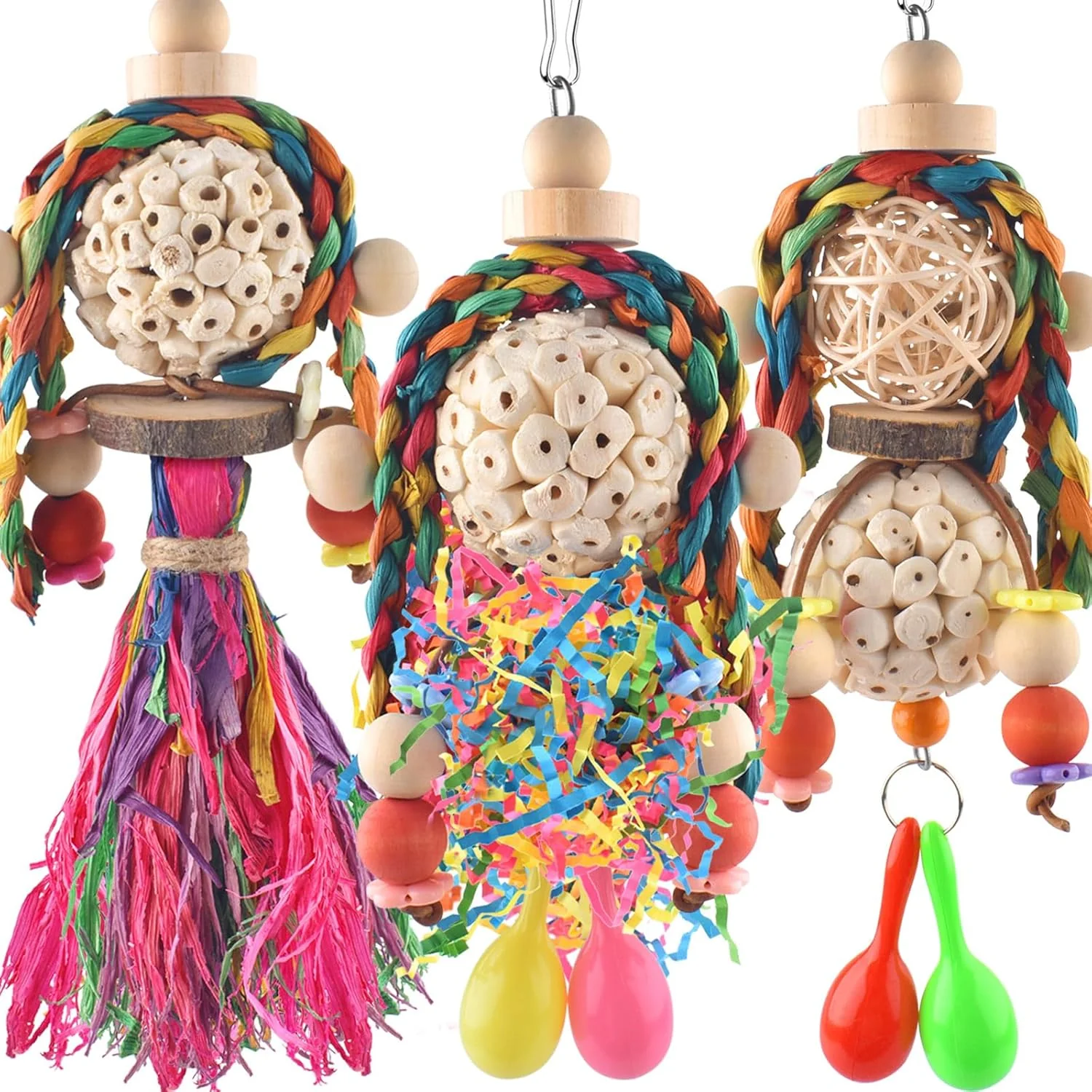 Practical Bissap 3PCS Bird Parrot Foraging Shredder Hanging Toys Sola Balls with Sand Hammer for Small Parrots Parakeets Conures Cockatiels Love Birds Cage Toy Quality