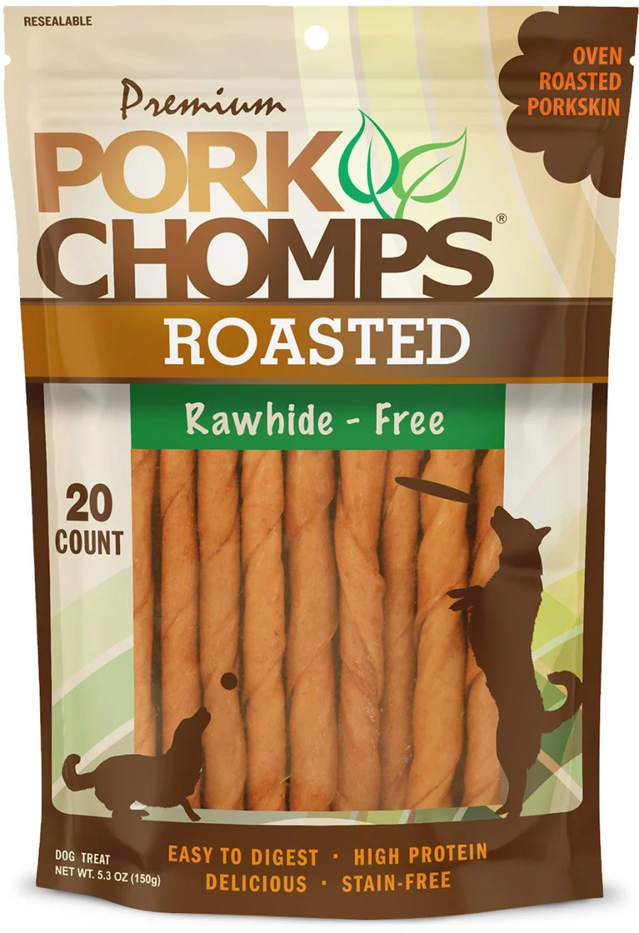Safe Scott Pet Premium Pork Chomps Roasted Mini Twist Dog Treats Oven Roasted Porkskin 20 Count 5.3-oz Specialty