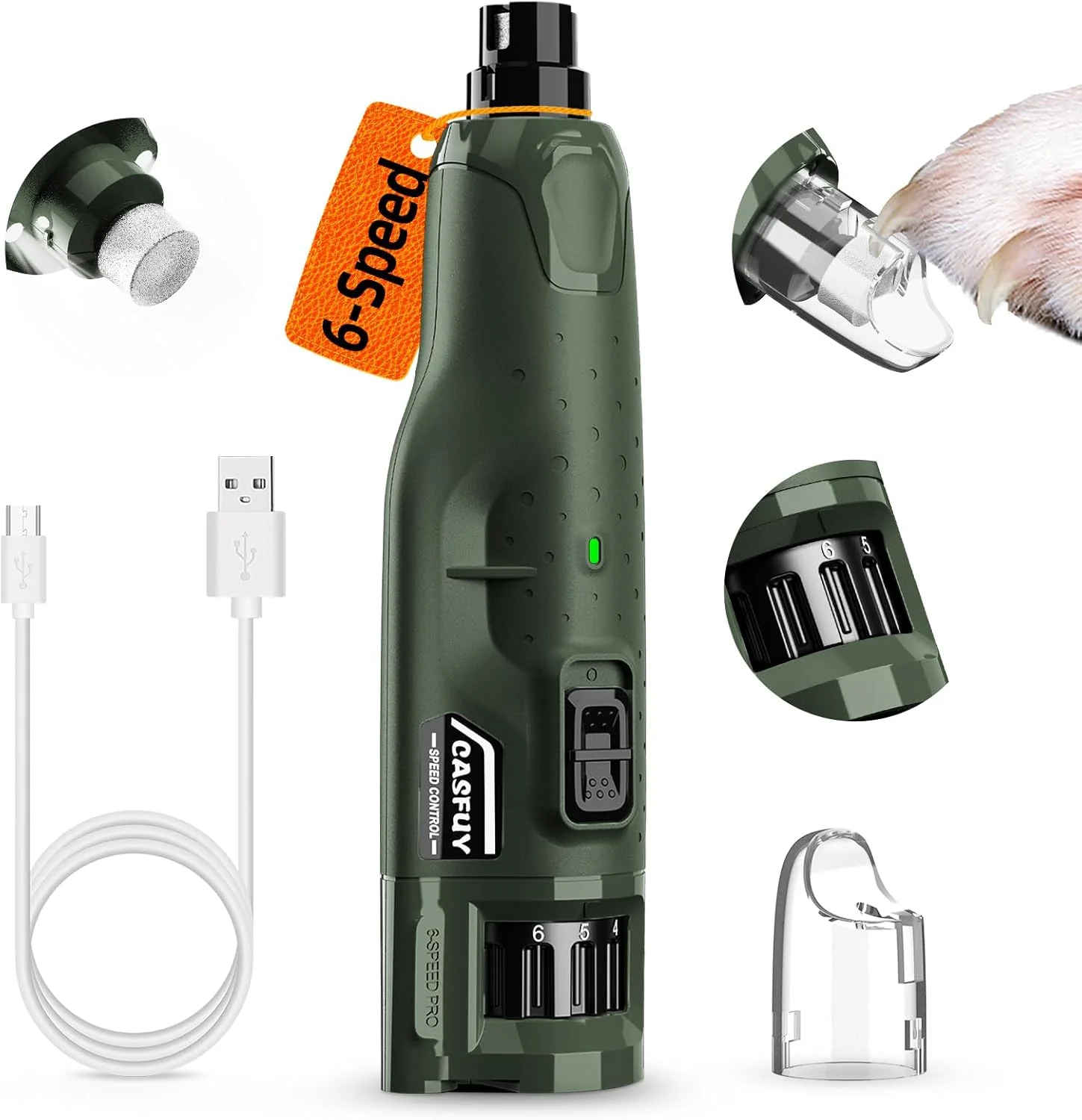 Stylish Casfuy Dog Nail Grinder Quiet - 45db 6-Speed Pet Nail Grinder with 2 LED Lights for Large Medium Small Puppy Dogs Cats Professional 3 Ports Rechargeable Electric Dog Nail Trimmer with Dust Cap Powerful
